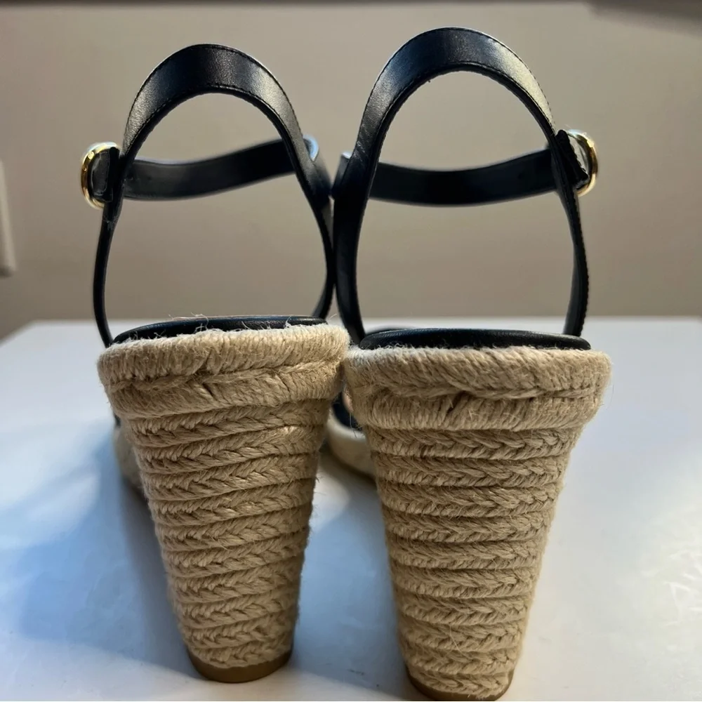 Stuart Weitzman Teddi Wedge Heel Leather Espadrille Sandals Womens 9.5 Black New